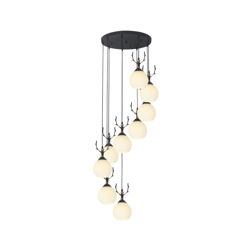 Spiral Milky Glass Multi Pendant Simple Hanging Ceiling Light In Black For Stairs Lighting