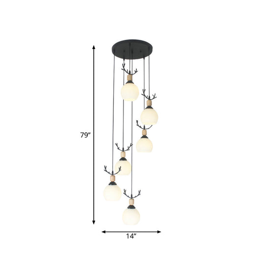 Spiral Milky Glass Multi Pendant Simple Hanging Ceiling Light In Black For Stairs Lighting