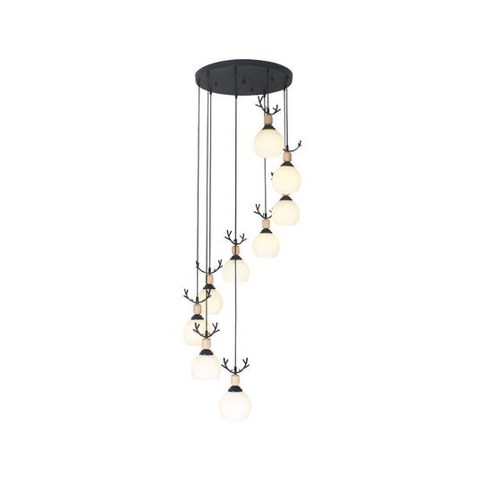 Spiral Milky Glass Multi Pendant Simple Hanging Ceiling Light In Black For Stairs Lighting