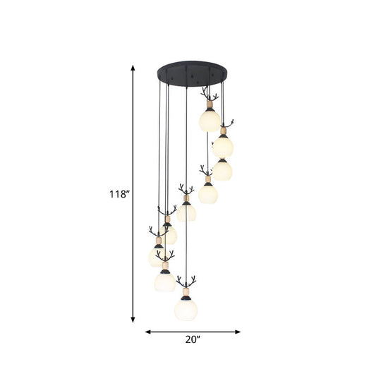 Spiral Milky Glass Multi Pendant Simple Hanging Ceiling Light In Black For Stairs Lighting