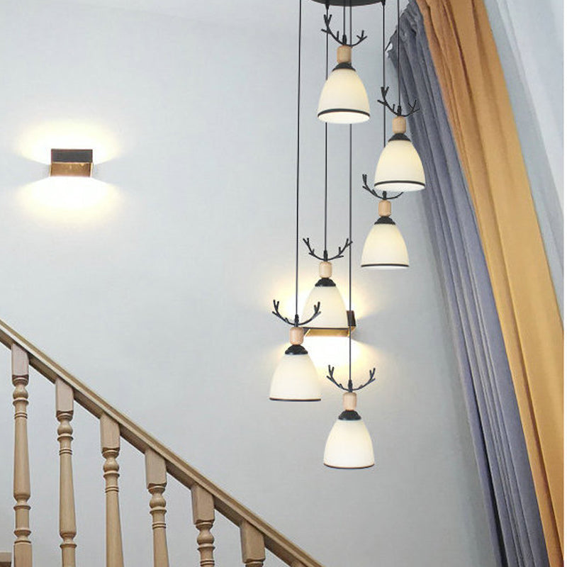 Contemporary Dome Stairs Swirl Pendant Light In Black With Opal Glass Accent Stylish Hanging