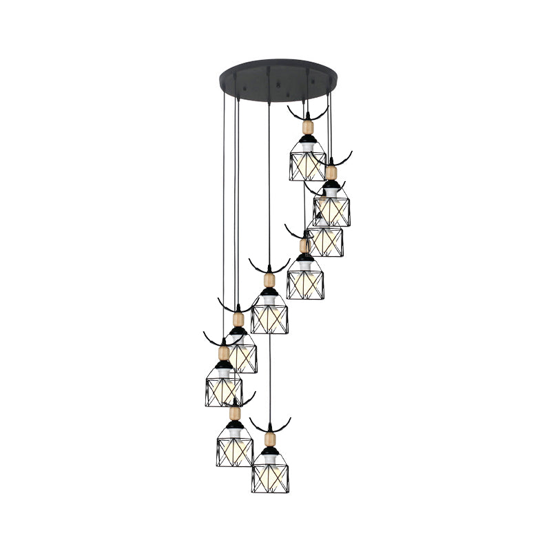 Modernist Black Hexagon Cage Pendant Lamp With Spiral Metal Design