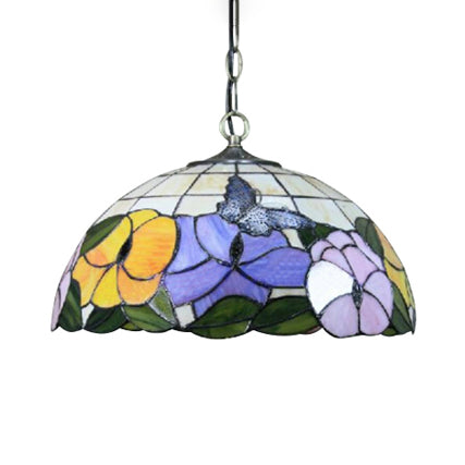 Baroque Butterfly Suspension Lamp - 1-Head Yellow/Purple Stained Glass Ceiling Light 12’/16’ Wide