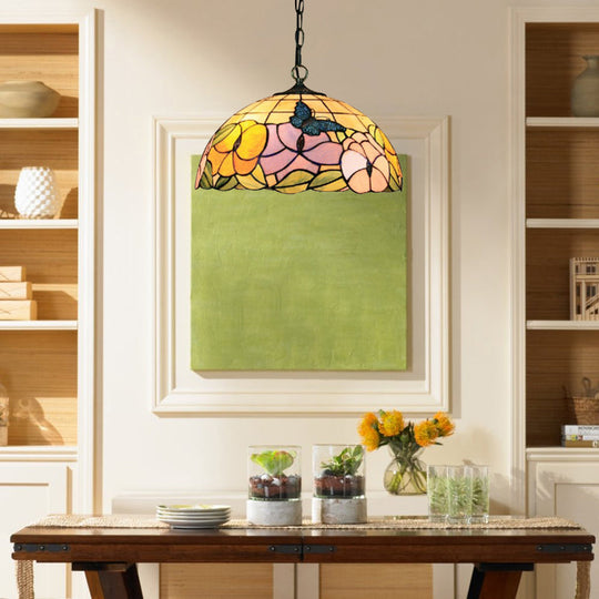 Baroque Butterfly Suspension Lamp - 1-Head Yellow/Purple Stained Glass Ceiling Light 12’/16’