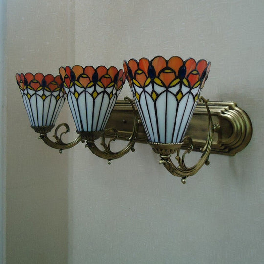 Red Stained Glass Tiffany Conical Wall Sconce With Curving Arm - Elegant Lighting