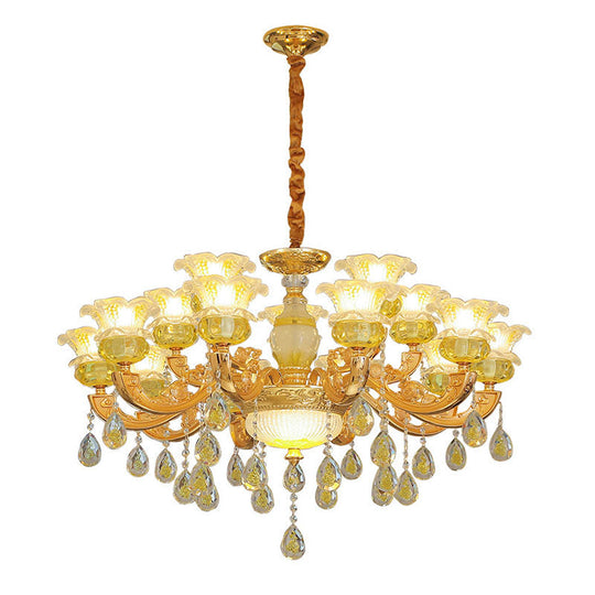 Modern Gold Chandelier With Floral K9 Crystal Drops For Bedroom Lighting