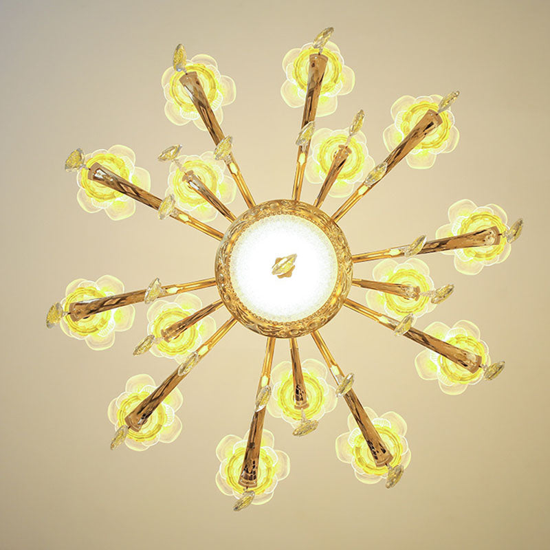 Modern Gold Chandelier With Floral K9 Crystal Drops For Bedroom Lighting