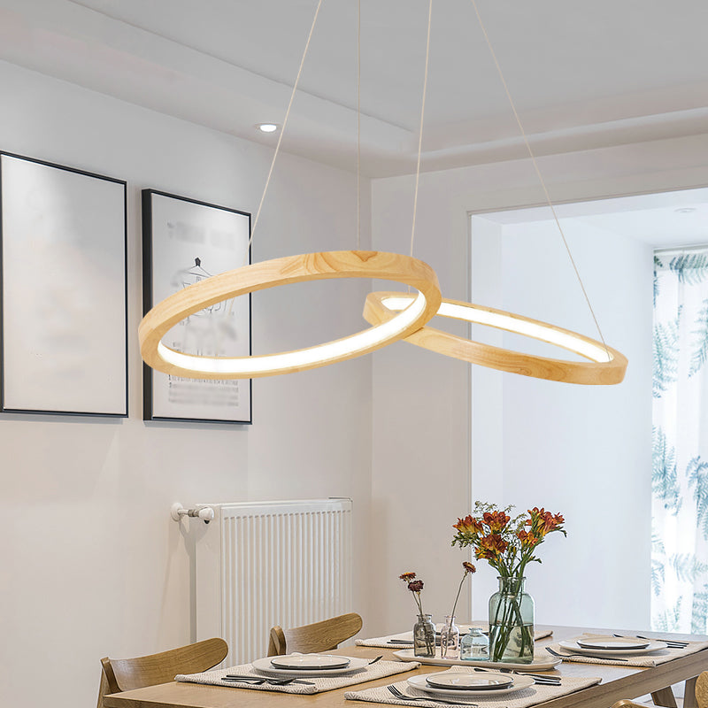 Modern Led Wooden Ring Chandelier Light - Beige For Dining Room
