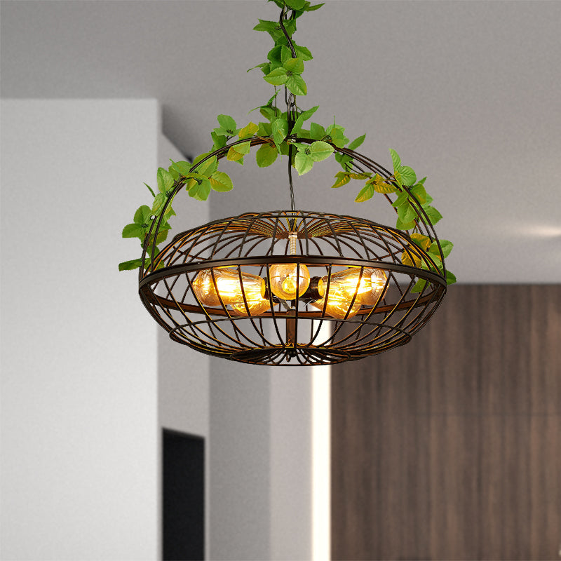 Metal Pendant Chandelier: 5-Bulb Industrial Black Basket-Cage Shade With Hanging Lamp And Plant –