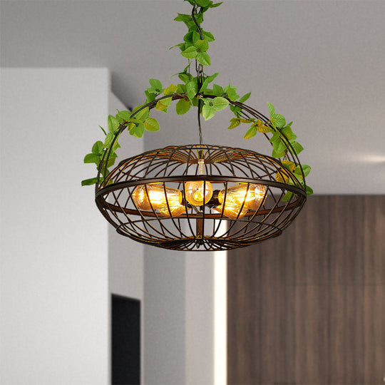 Metal Pendant Chandelier: 5-Bulb Industrial Black Basket-Cage Shade With Hanging Lamp And Plant –
