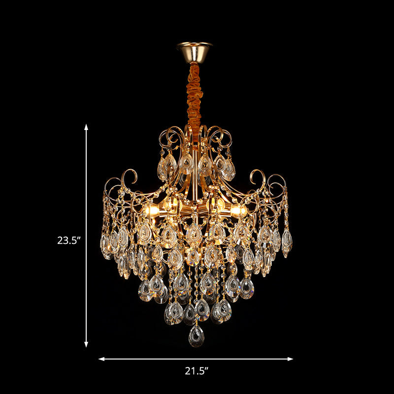Gold Industrial Geometric Chandelier With Crystal Teardrop Shade - 5/6/8 Bulb Pendant Light