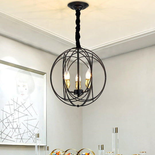 Industrial Metal Candle Light Fixture Black Pendant Lighting With Orb Cage - 14’/19’ Wide