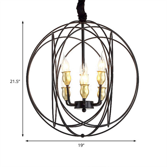 Industrial Metal Candle Light Fixture Black Pendant Lighting With Orb Cage - 14’/19’ Wide