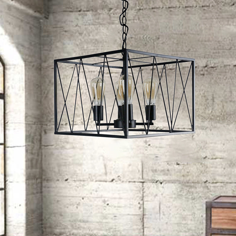 Vintage Iron Pendant Light Fixture With 4 Black Cuboid Wire Frame Heads For Dining Room