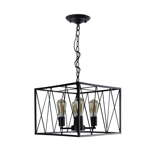 Vintage Iron Pendant Light Fixture With 4 Black Cuboid Wire Frame Heads For Dining Room