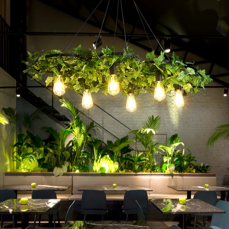 Antique Iron Wagon Wheel Chandelier With Green Plant Decor - Ideal For Restaurant Ceiling Lighting