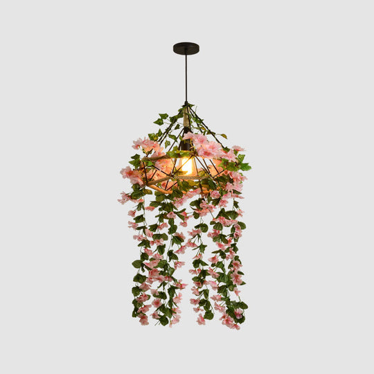 Industrial Pink Cage Chandelier With Artificial Cherry Blossom Pendant Light - Ideal For Restaurants