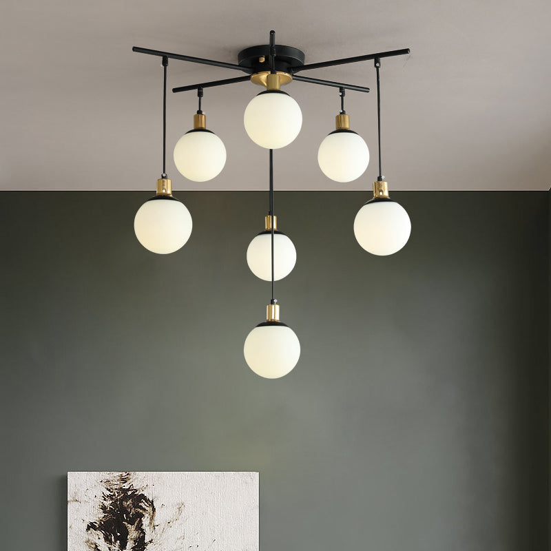 Contemporary Black Starburst Chandelier - Opal Glass Hanging Lamp For Bedroom (4/7/9 Light Options)