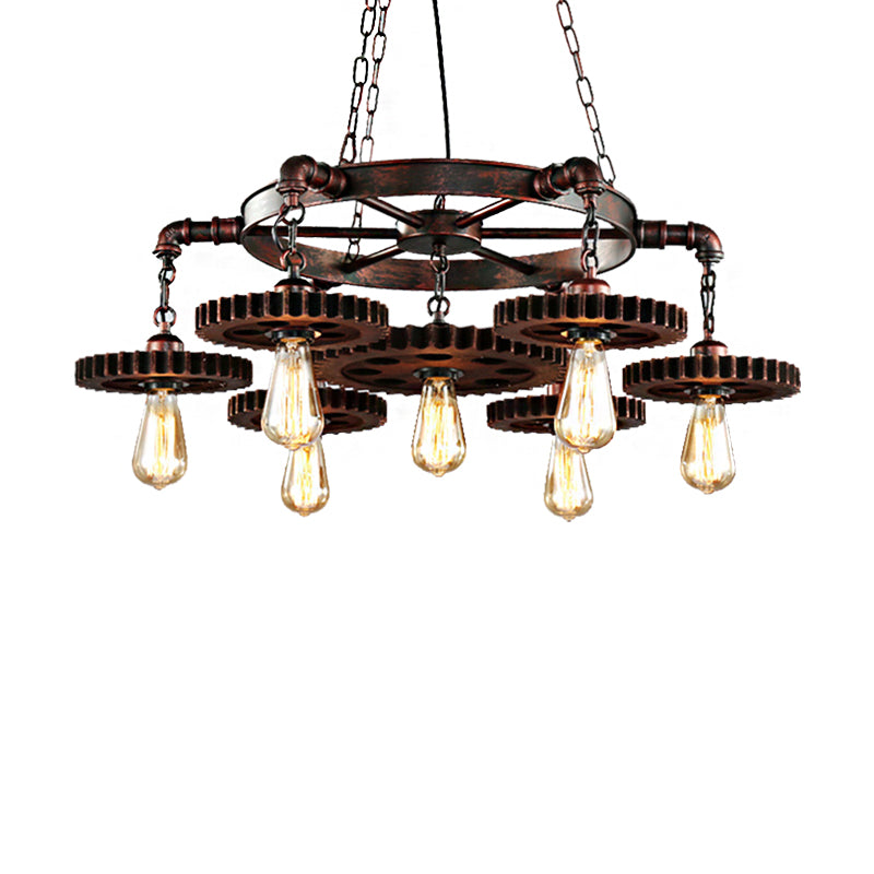 Vintage Copper Chandelier With 7 Lights - Retro Industrial Pendant Lamp In Gear Shape
