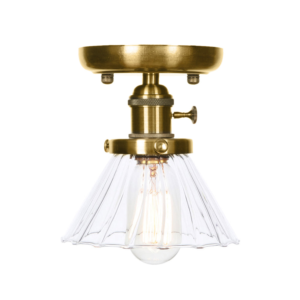 1-Light Clear/Amber Glass Ceiling Lighting - Industrial Brass Cone/Rhombus/Bell Semi Flush Mount