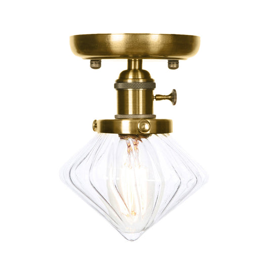 1-Light Clear/Amber Glass Ceiling Lighting - Industrial Brass Cone/Rhombus/Bell Semi Flush Mount