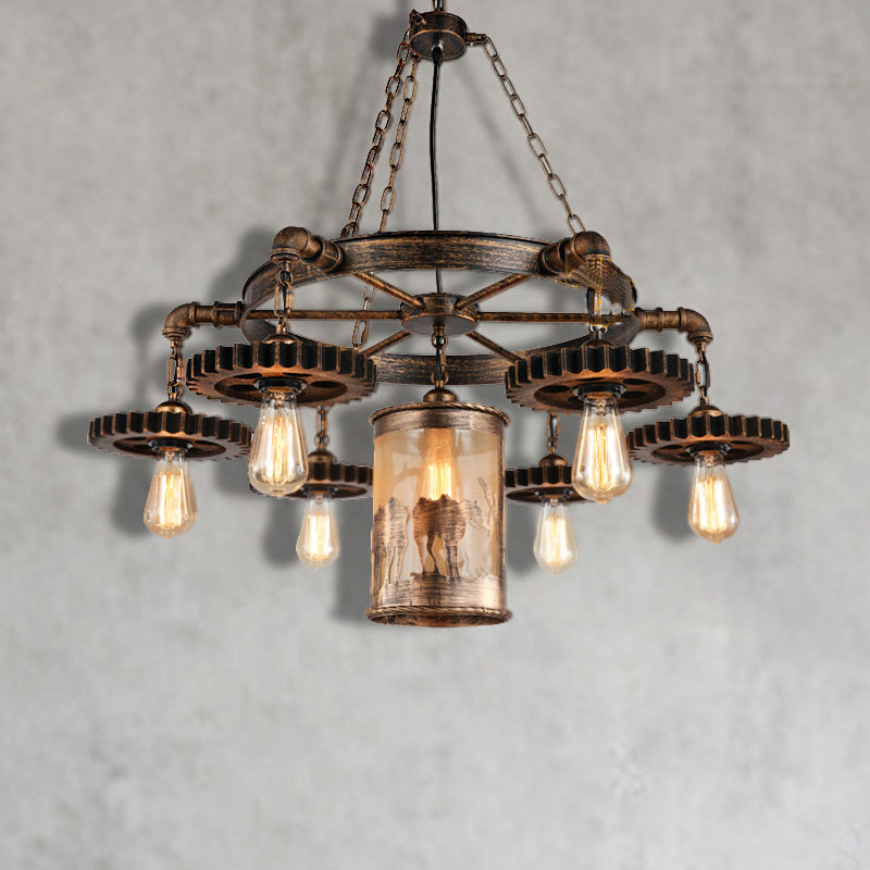 Vintage Metal Cylinder Chandelier: 5/7 Light Dining Room Pendant In Bronze With Gear 7 /