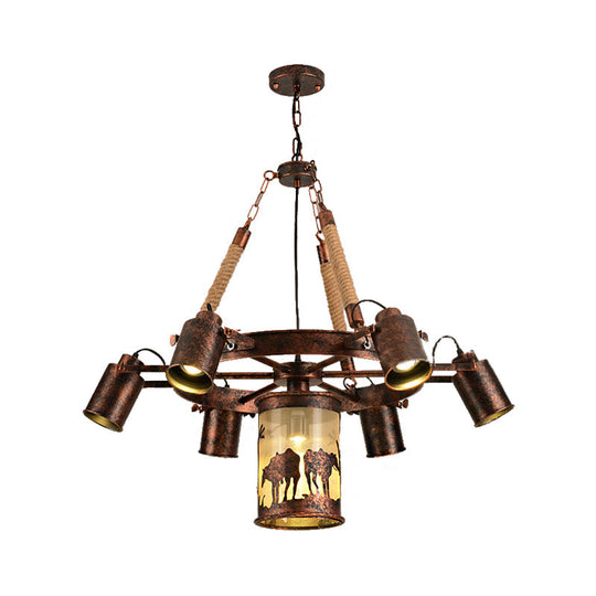 Vintage Cylinder Metal Chandelier - 4/7 Light Pendant In Weathered Copper For Dining Room Lighting