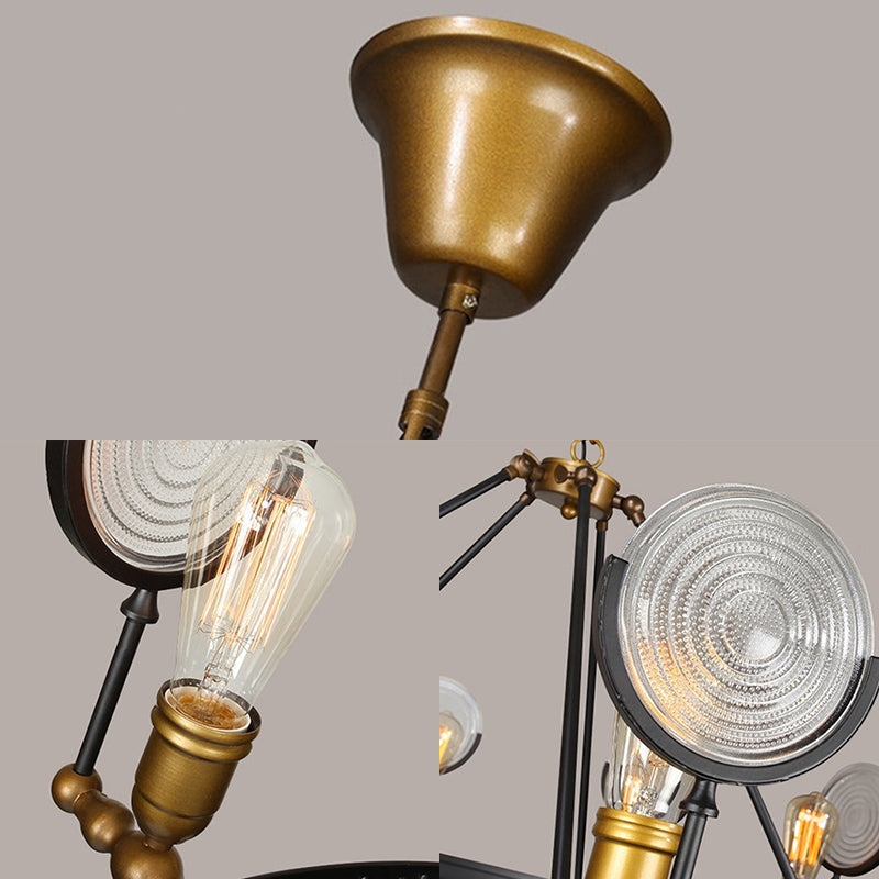 Clear Textured Glass Chandelier: Round Industrial Pendant Lighting - 6/8 Light | Brass Finish For