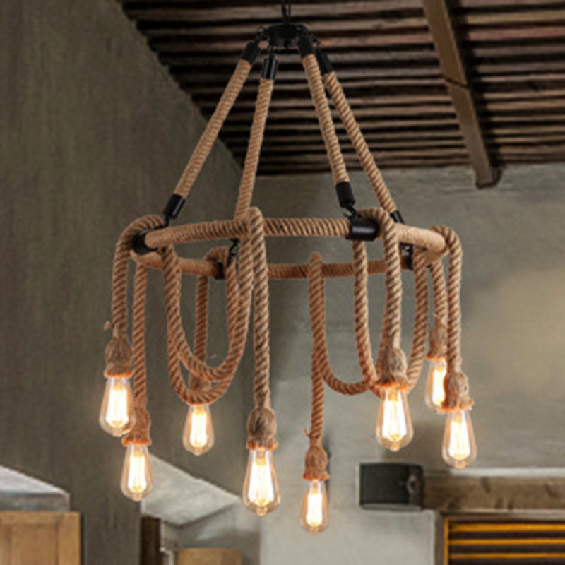 Industrial Beige Rope Chandelier - Exposed Bulbs 6/8 Lights Ideal For Dining Room