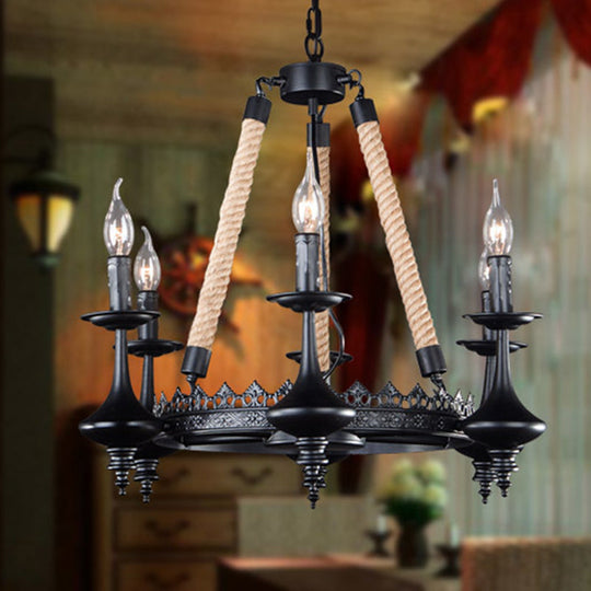 Rustic Metal And Rope Pendant Chandelier With 3/6/8 Lights - Black Candle Dining Room Hanging