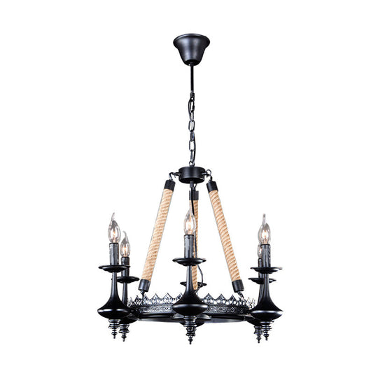 Rustic Metal And Rope Pendant Chandelier With 3/6/8 Lights - Black Candle Dining Room Hanging