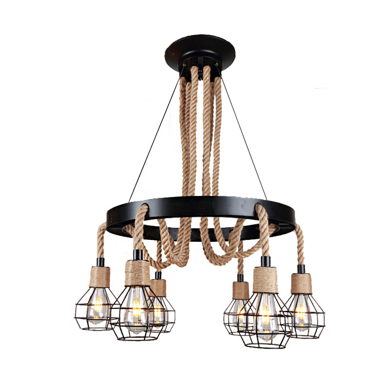 Rustic Metal And Rope Chandelier: Globe Pendant Lighting For Dining Room (6/8 Light) In Black With