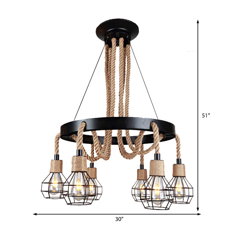 Rustic Metal And Rope Chandelier: Globe Pendant Lighting For Dining Room (6/8 Light) In Black With