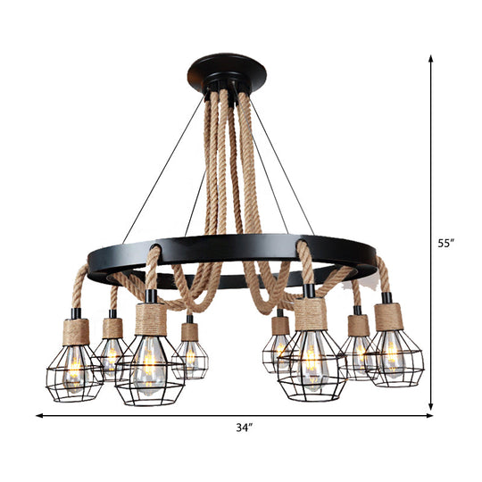 Rustic Metal And Rope Chandelier: Globe Pendant Lighting For Dining Room (6/8 Light) In Black With