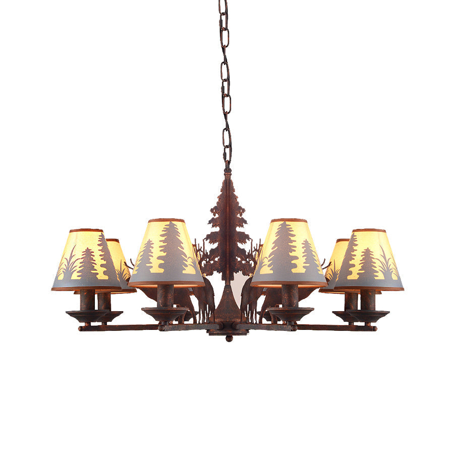 Industrial Cone Metal & Fabric Chandelier - 3/5/8 Light Pendant Lighting For Dining Room In Rust