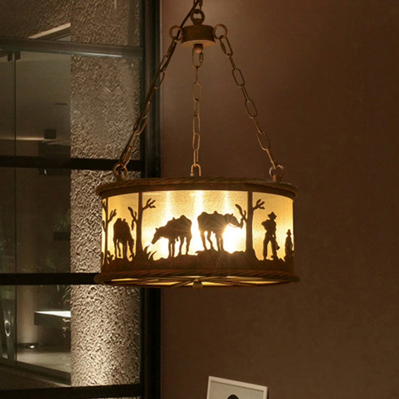 Vintage Drum Pendant Chandelier: 3-Bulb Metal & Fabric Ceiling Lamp With Animal Pattern - Rust