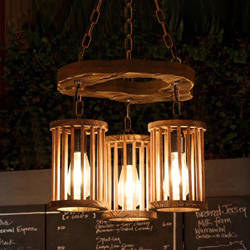Industrial Wood And Black Cylinder Chandelier With 3 Lights Chain For Dining Room