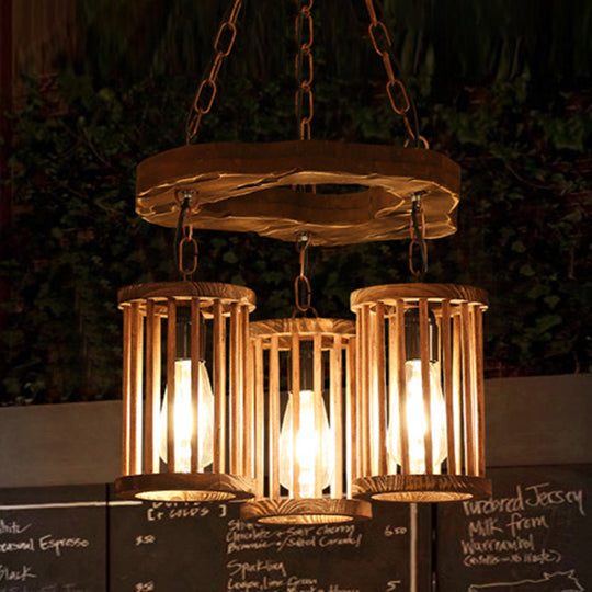 Industrial Wood And Black Cylinder Chandelier With 3 Lights Chain For Dining Room