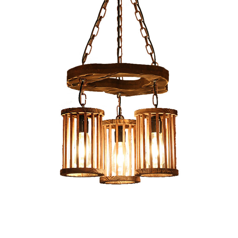 Industrial Wood And Black Cylinder Chandelier With 3 Lights Chain For Dining Room