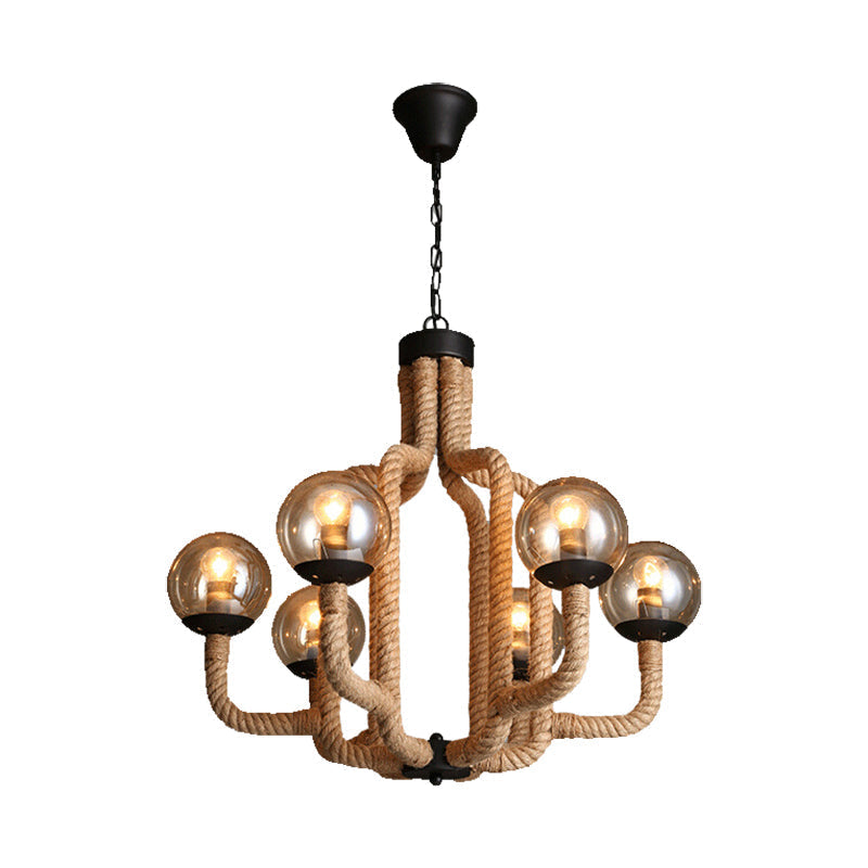 Globe Pendant Chandelier Industrial Rope - 6 Lights Beige Glass Shade Living Room Hanging Fixture