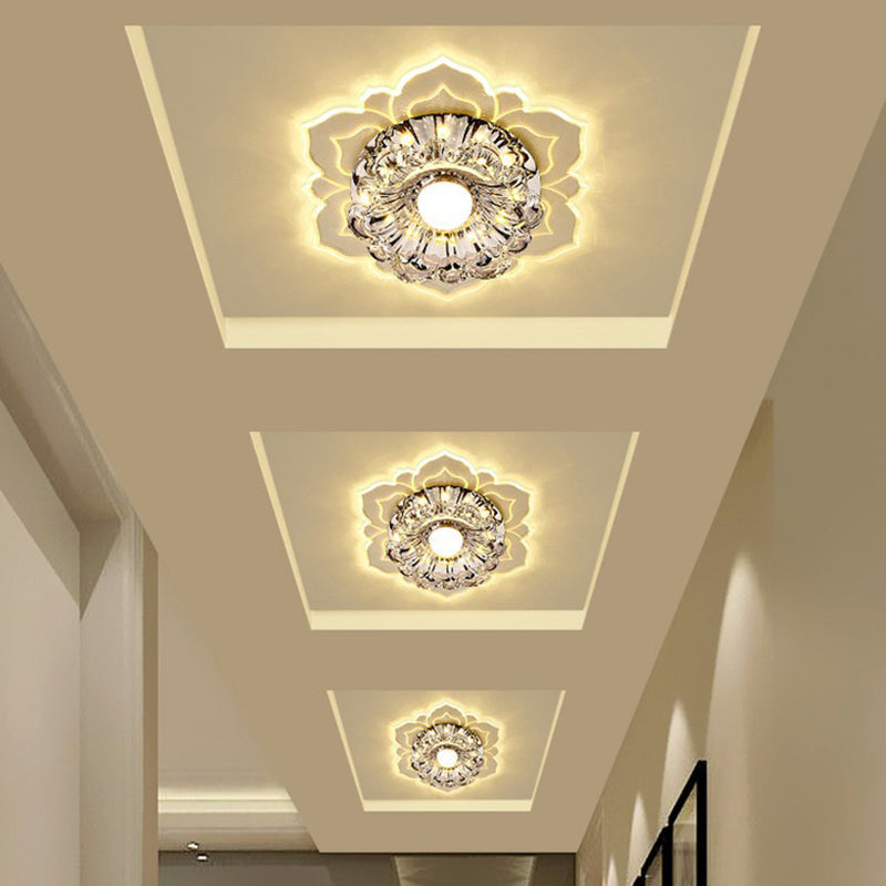 Modern Crystal Flower Led Ceiling Light For Entryway - Clear Flushmount / 3W Warm
