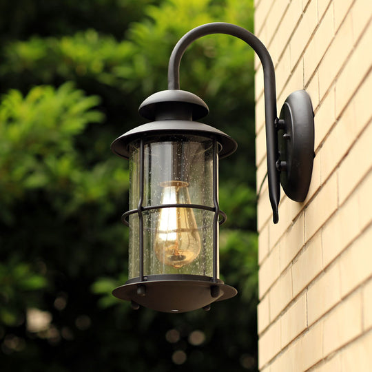 Clear Glass Wall Mount Retro Outdoor Light - Cylinder Shape 1-Light Black