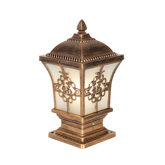 Rustic Square Pillar Lamp - 1-Light Frost Glass Post Lighting Fixture For Courtyard