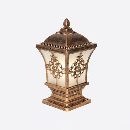 Rustic Square Pillar Lamp - 1-Light Frost Glass Post Lighting Fixture For Courtyard