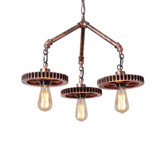 Industrial Open Metal Chandelier - 3-Light Pendant Lighting In Weathered Copper Gear For Dining Room