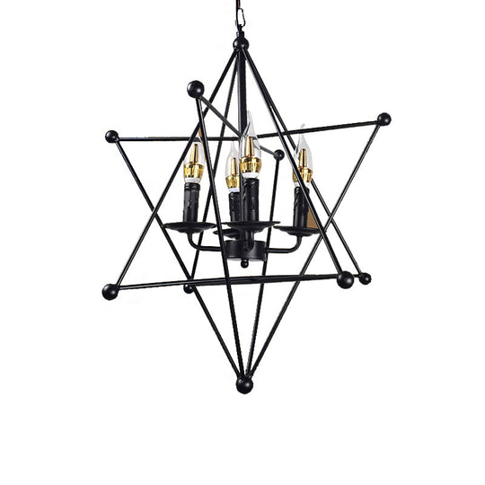 Industrial Black Metal Chandelier - 4-Light Hanging Pendant With Cage For Living Room