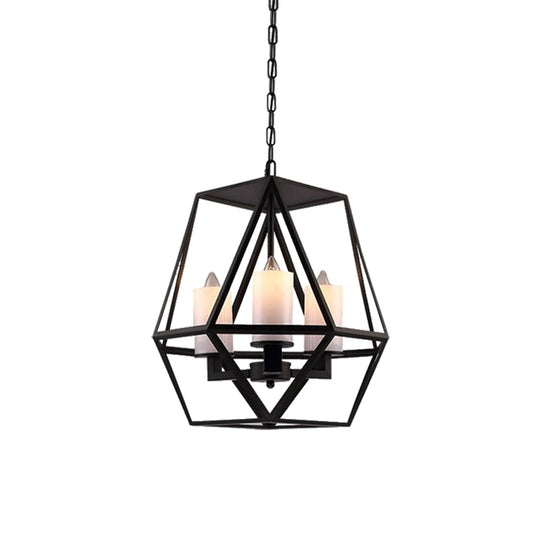 Geometric Opal Glass Dining Room Pendant Chandelier | Industrial Black Hanging Fixture With Cage