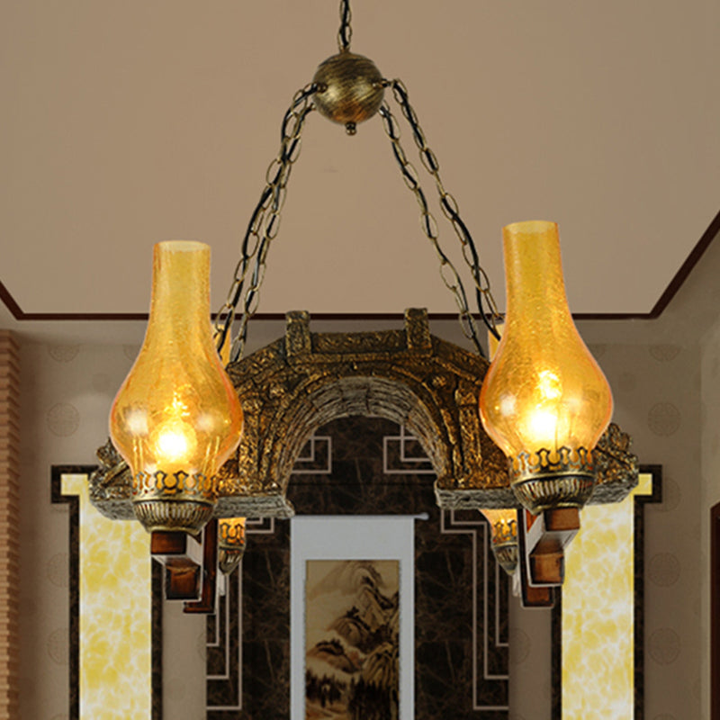 Yellow Crackle Glass Bronze Pendant Lamp With 4-Light Industrial Chandelier Design