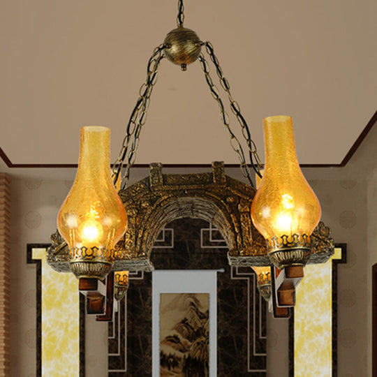 Yellow Crackle Glass Bronze Pendant Lamp With 4-Light Industrial Chandelier Design