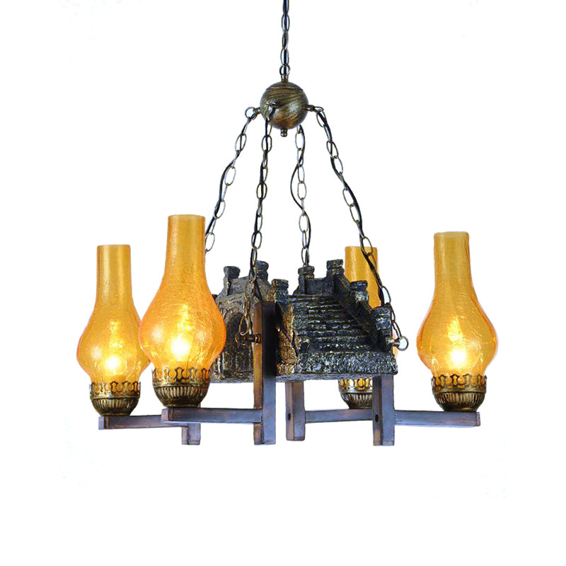 Yellow Crackle Glass Bronze Pendant Lamp With 4-Light Industrial Chandelier Design